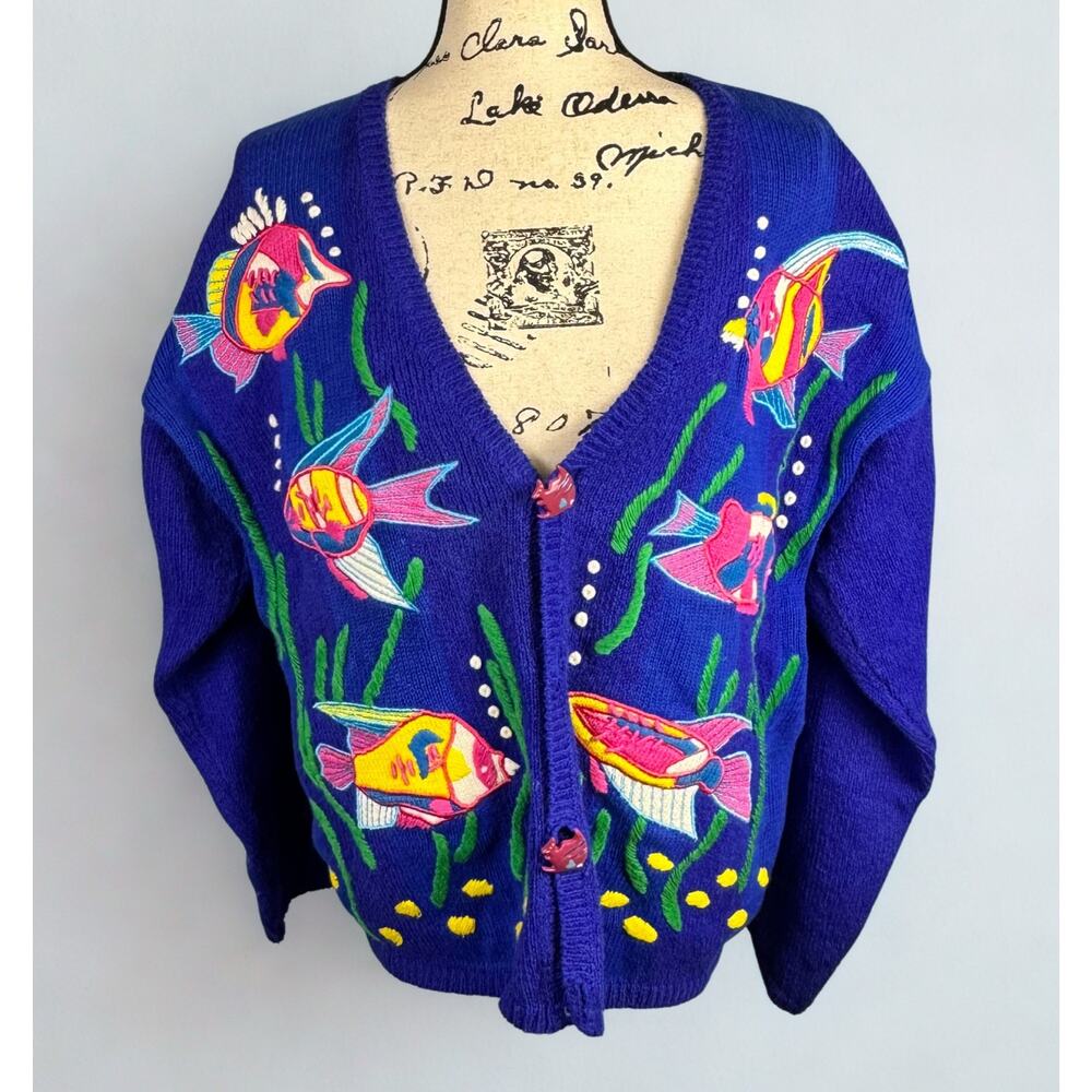 Vtg PBJ Sport Cardigan Sweater Embroidered Ocean Fish Sz S/P Quirky 90s Kidcore - Picture 3 of 16